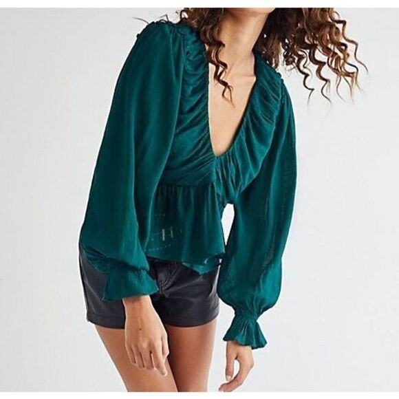 Free People OB1388568 Women's Sz S Garden Gem Green Daia Ruched Peplum Top - Picture 9 of 9